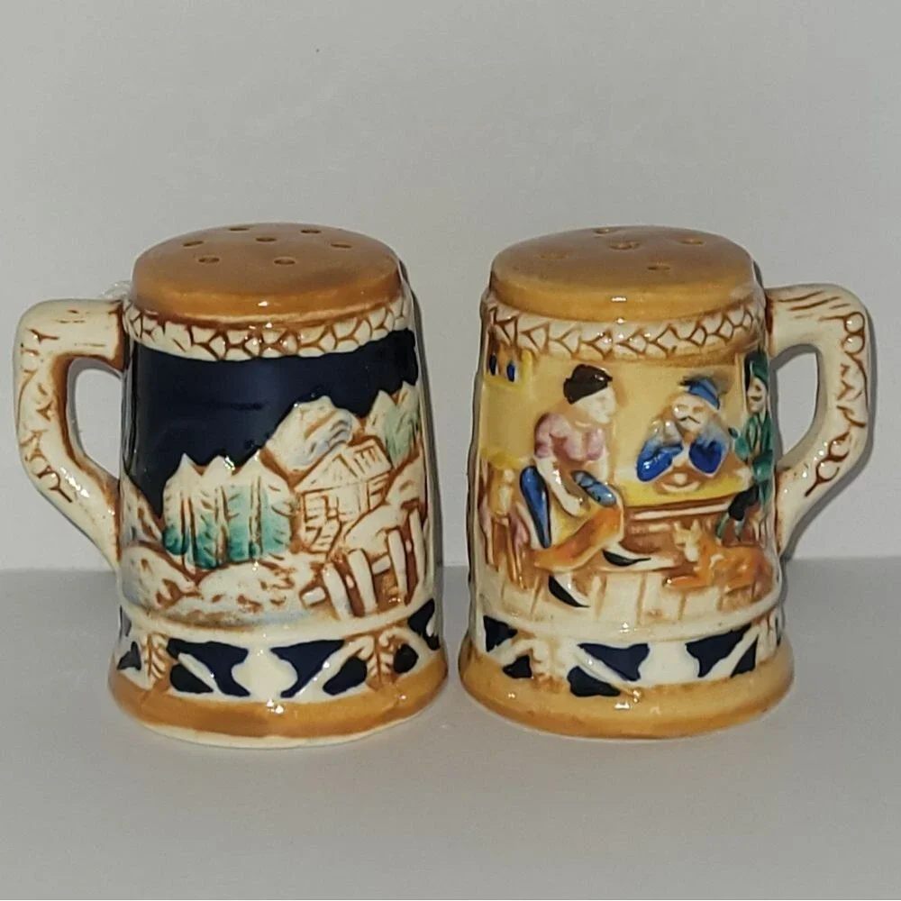 vintage hand-painted porcelain beer stein salt and pepper shaker set